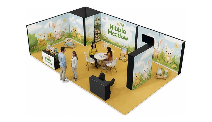 Stoisko 10 × 6 m narożne lewe dla branży zabawki i artykuły dziecięce, przykładowa marka Nibble Meadow