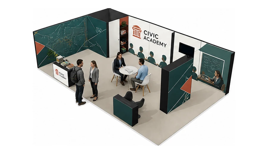 Stoisko 10 × 6 m narożne lewe dla branży edukacja i szkolenia, przykładowa marka Civic Academy