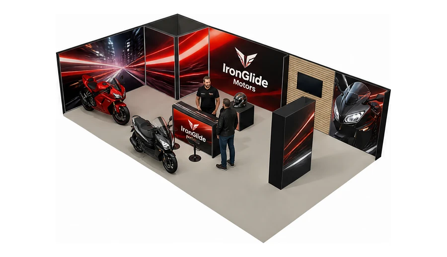 Stoisko 10 × 6 m narożne lewe dla branży motocykle i skutery, przykładowa marka IronGlide Motors