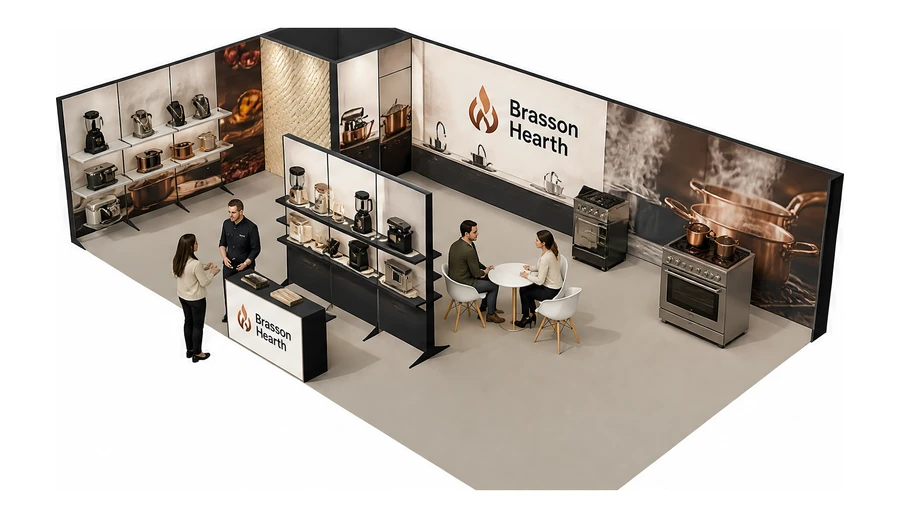 Stoisko 10 × 6 m narożne lewe dla branży sprzęt kuchenny i AGD, przykładowa marka Brasson Hearth