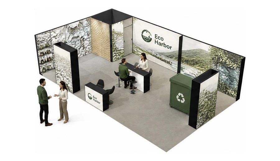 Stoisko 10 × 6 m narożne lewe dla branży recykling i ochrona środowiska, przykładowa marka Eco Harbor