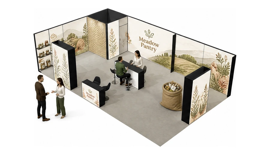 Stoisko 10 × 6 m narożne lewe dla branży żywność ekologiczna, przykładowa marka Meadow Pantry