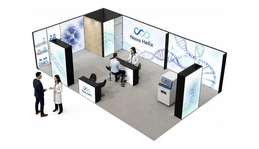 Stoisko 10 × 6 m narożne lewe dla branży farmacja i biotechnologia, przykładowa marka Nova Helix
