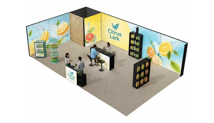 Stoisko 10 × 6 m narożne lewe dla branży napoje, przykładowa marka Citrus Lark