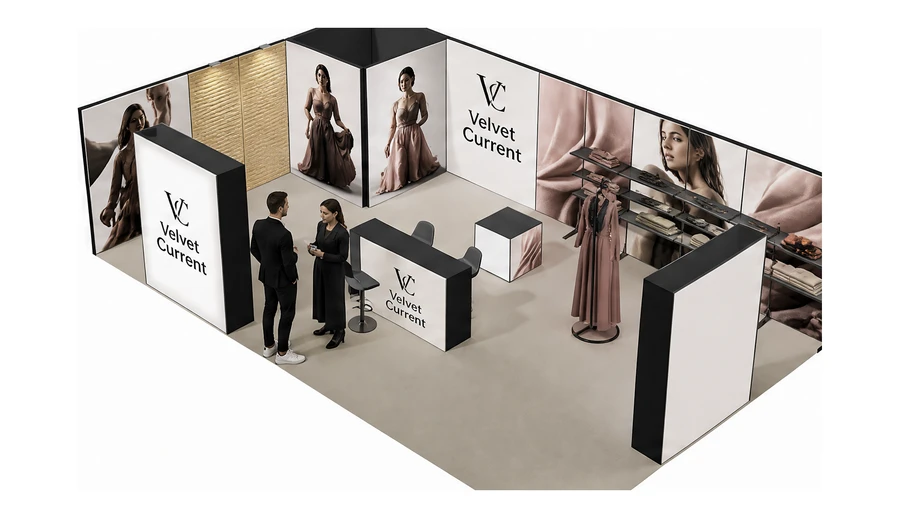 Stoisko 10 × 6 m narożne lewe dla branży odzież i moda, przykładowa marka Velvet Current