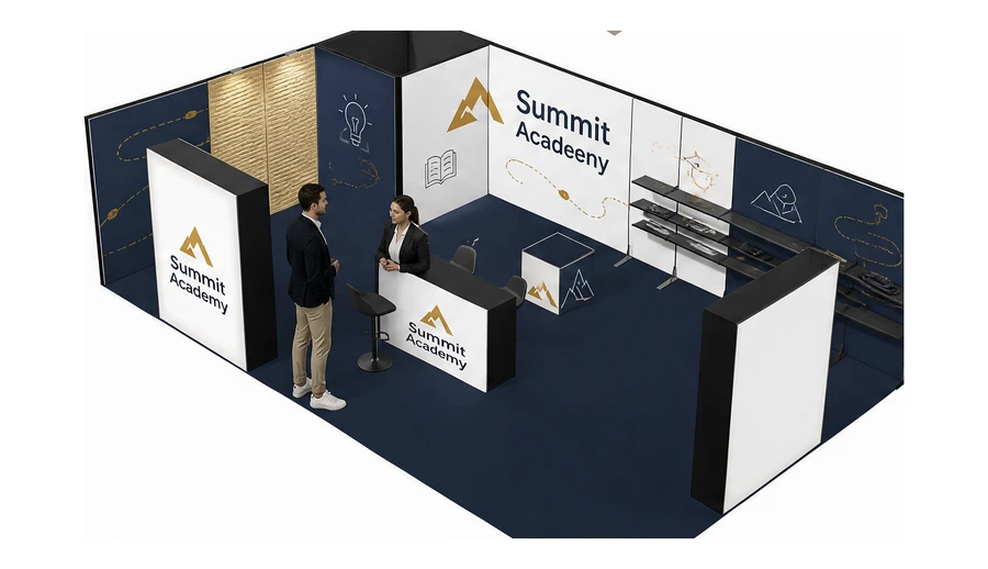 Stoisko 10 × 6 m narożne lewe dla branży edukacja i szkolenia, przykładowa marka Summit Academy