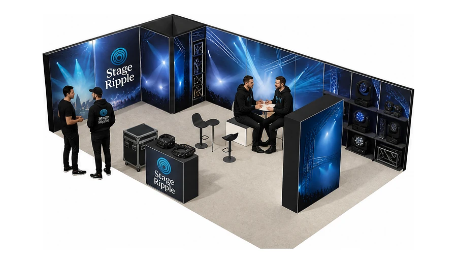 Stoisko 10 × 6 m narożne lewe dla branży branża eventowa, przykładowa marka Stage Ripple