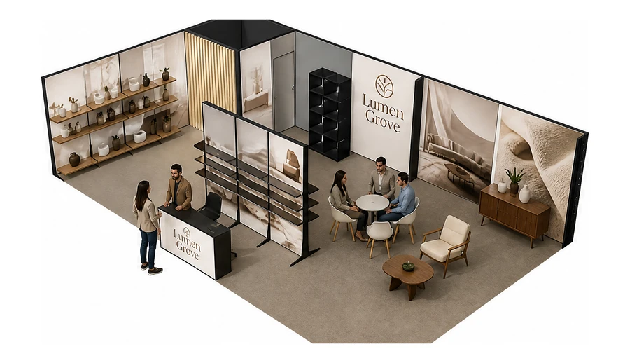 Stoisko 10 × 6 m narożne lewe dla branży meble designerskie, przykładowa marka Lumen Grove