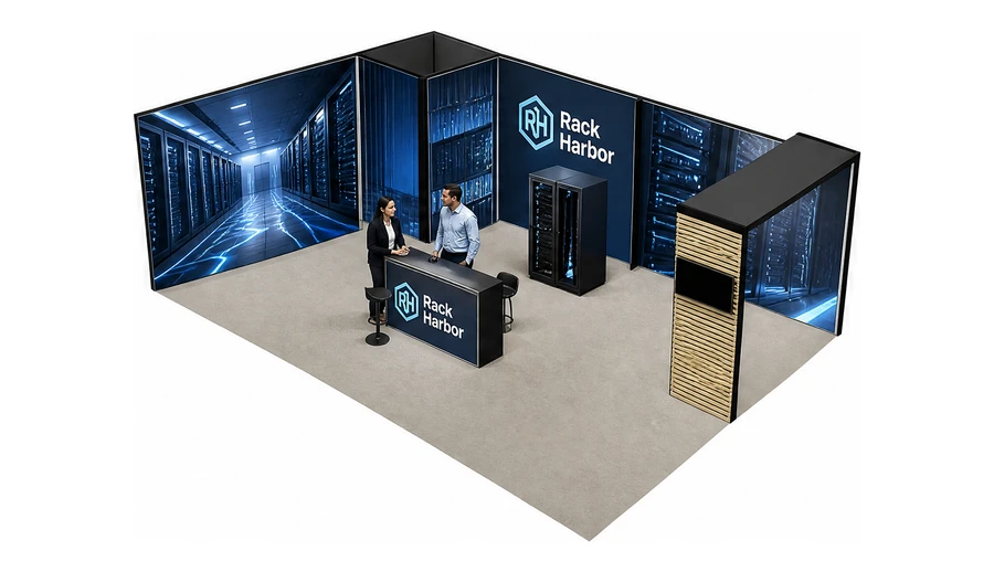 Stoisko 10 × 6 m narożne lewe dla branży infrastruktura IT i data center, przykładowa marka Rack Harbor