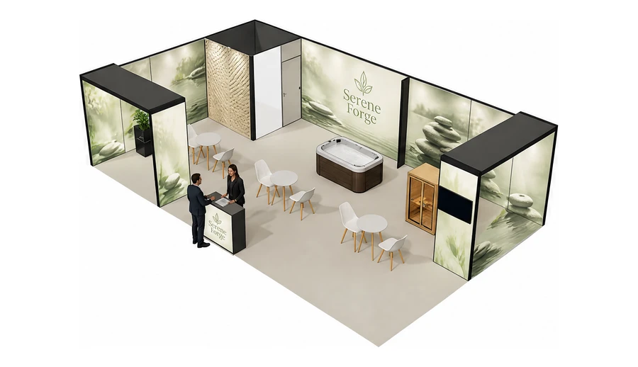 Stoisko 10 × 6 m narożne lewe dla branży spa i wellness, przykładowa marka Serene Forge