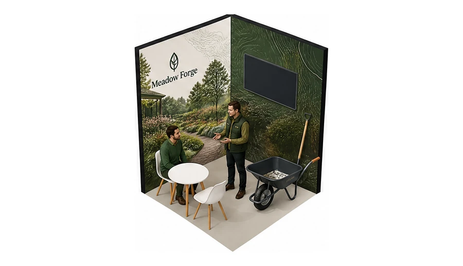 Stoisko 2 × 2 m narożne lewe dla branży ogród i architektura krajobrazu, przykładowa marka Meadow Forge