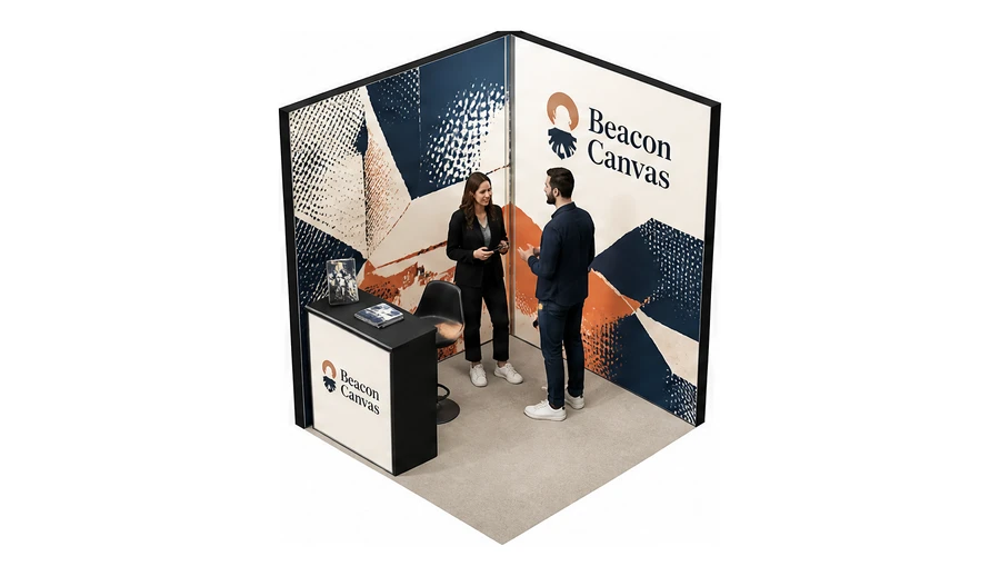 Stoisko 2 × 2 m narożne lewe dla branży reklama i druk, przykładowa marka Beacon Canvas