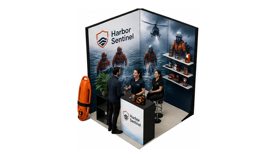 Stoisko 2 × 2 m narożne lewe dla branży ratownictwo i sprzęt ratunkowy, przykładowa marka Harbor Sentinel