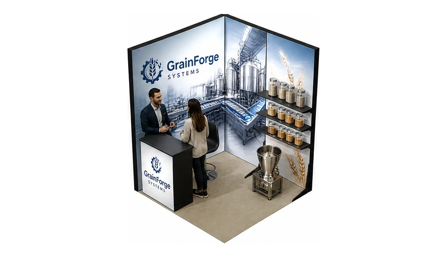 Stoisko 2 × 2 m narożne lewe dla branży technologie spożywcze, przykładowa marka GrainForge Systems