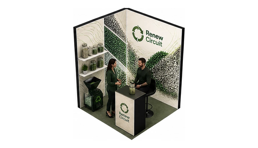 Stoisko 2 × 2 m narożne lewe dla branży recykling i ochrona środowiska, przykładowa marka Renew Circuit