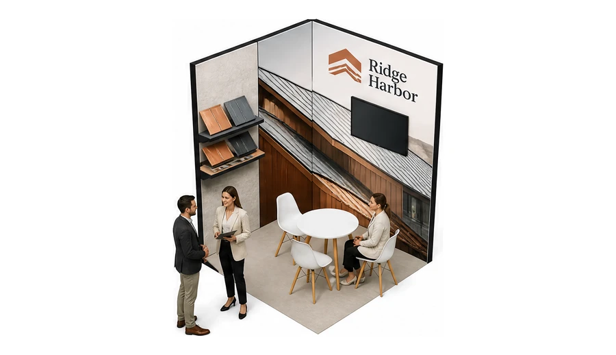 Stoisko 2 × 2 m narożne lewe dla branży dachy i elewacje, przykładowa marka Ridge Harbor