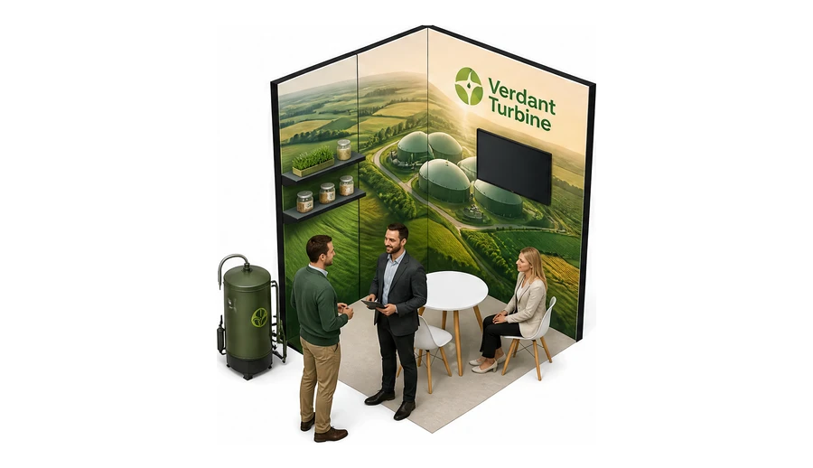 Stoisko 2 × 2 m narożne lewe dla branży biogaz i OZE, przykładowa marka Verdant Turbine