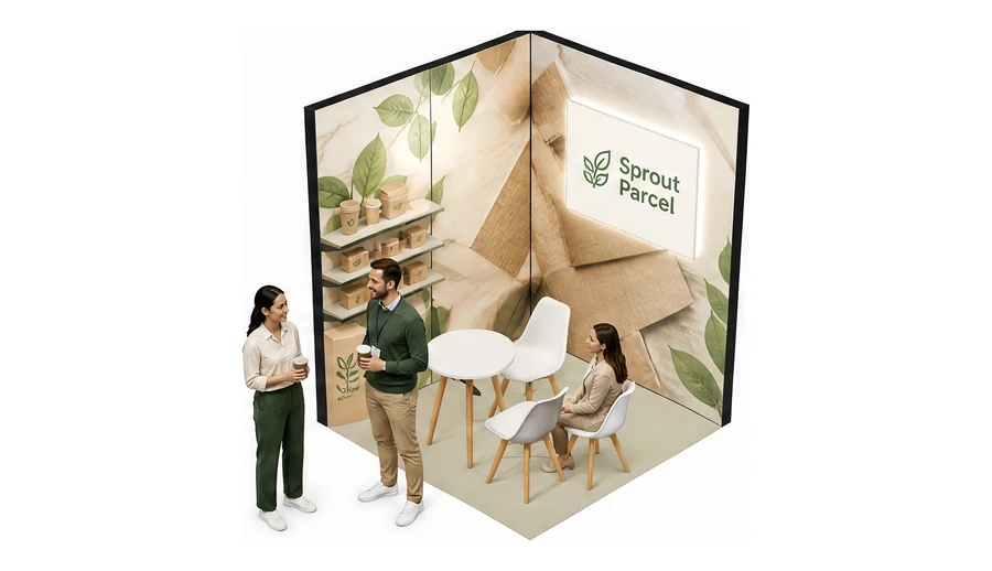 Stoisko 2 × 2 m narożne lewe dla branży opakowania ekologiczne, przykładowa marka Sprout Parcel