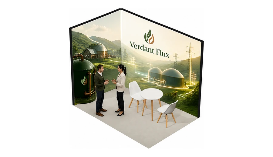 Stoisko 3 × 2 m narożne lewe dla branży biogaz i OZE, przykładowa marka Verdant Flux