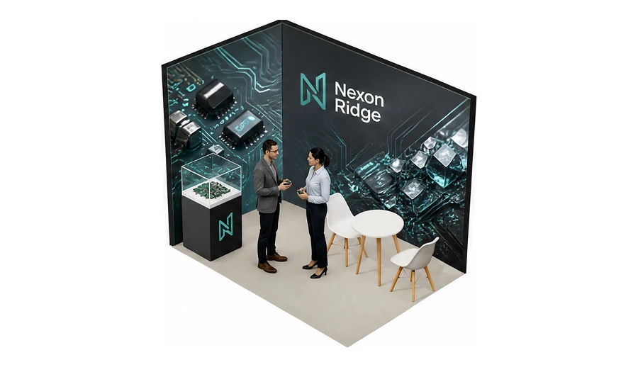 Stoisko 3 × 2 m narożne lewe dla branży komponenty elektroniczne, przykładowa marka Nexon Ridge