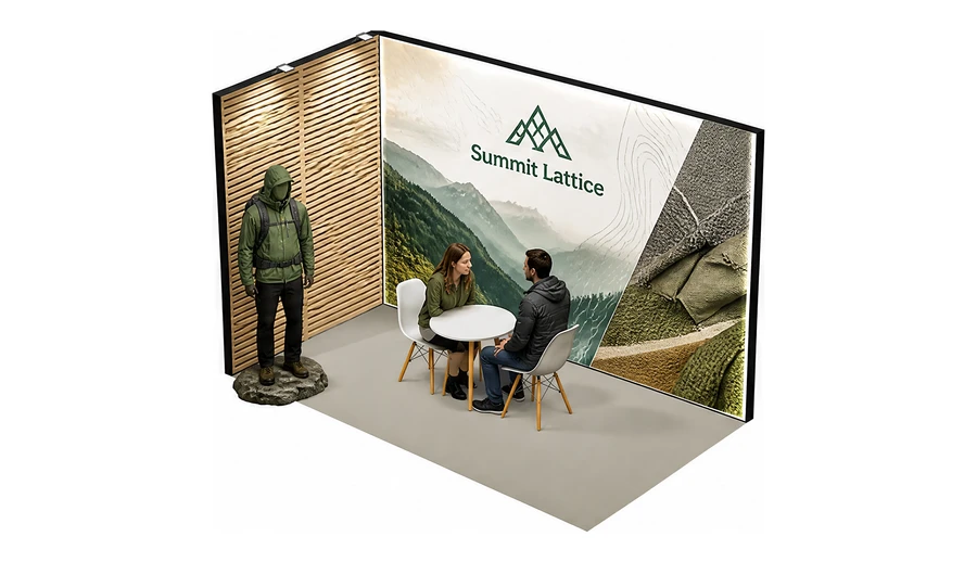 Stoisko 3 × 2 m narożne lewe dla branży odzież i sprzęt outdoorowy, przykładowa marka Summit Lattice