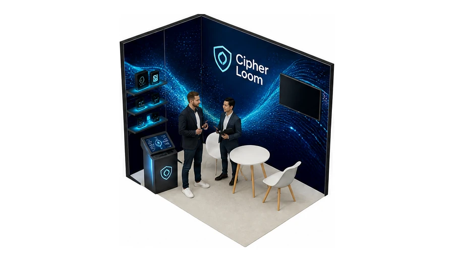 Stoisko 3 × 2 m narożne lewe dla branży cyberbezpieczeństwo, przykładowa marka Cipher Loom