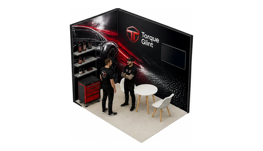 Stoisko 3 × 2 m narożne lewe dla branży tuning i detailing, przykładowa marka Torque Glint