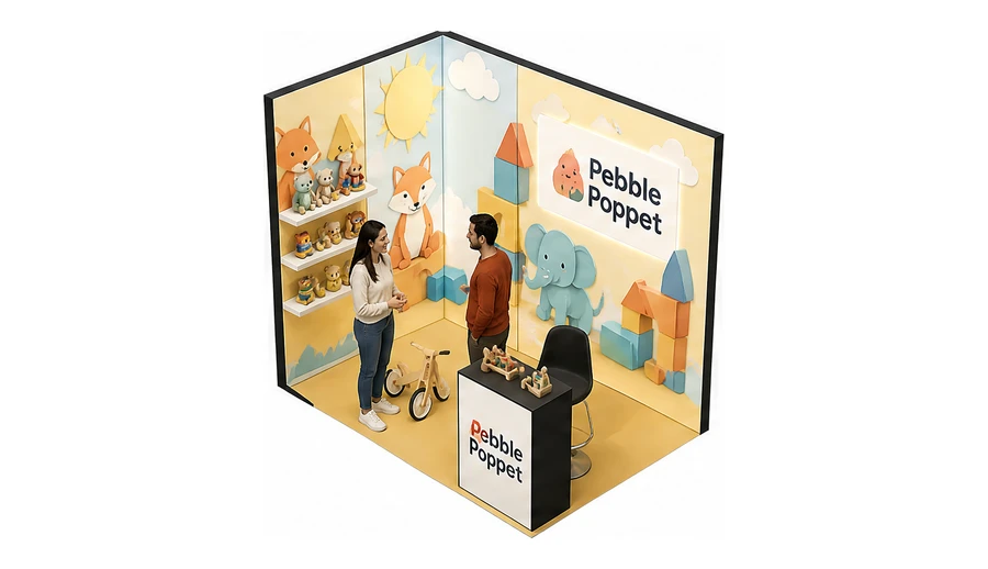 Stoisko 3 × 2 m narożne lewe dla branży zabawki i artykuły dziecięce, przykładowa marka Pebble Poppet