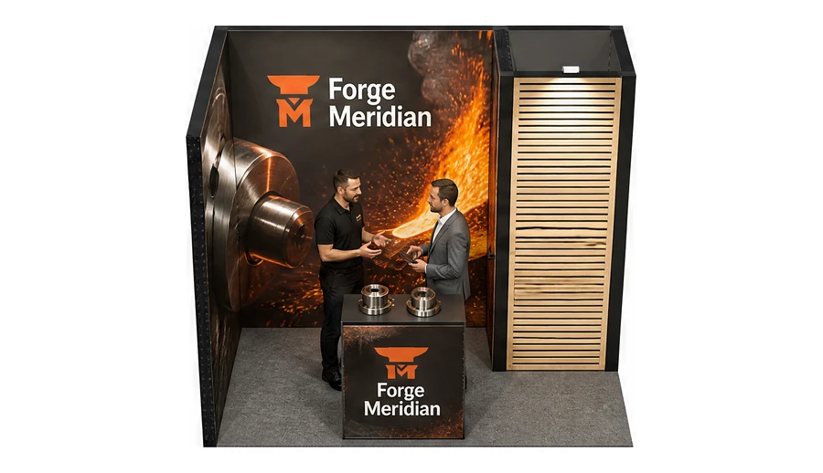 Stoisko 3 × 2 m narożne lewe dla branży obróbka metali i odlewnictwo, przykładowa marka Forge Meridian