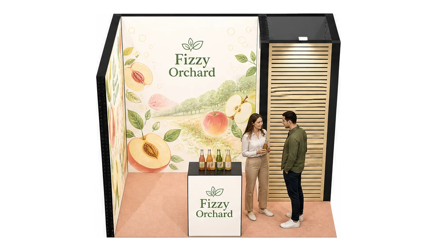 Stoisko 3 × 2 m narożne lewe dla branży napoje, przykładowa marka Fizzy Orchard