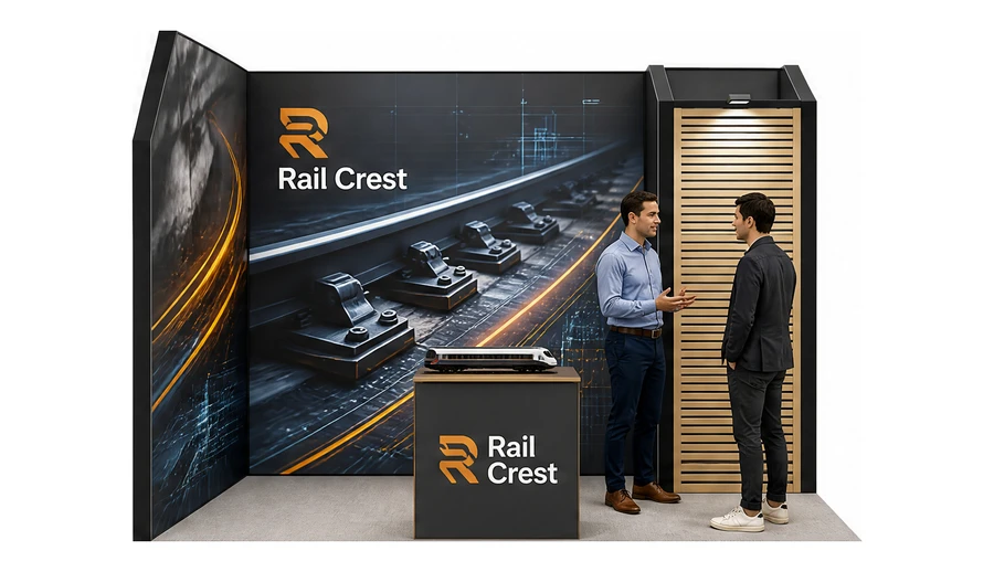 Stoisko 3 × 2 m narożne lewe dla branży kolej i tabor, przykładowa marka Rail Crest