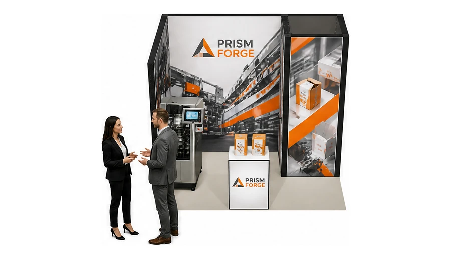 Stoisko 3 × 2 m narożne lewe dla branży maszyny pakujące, przykładowa marka Prism Forge
