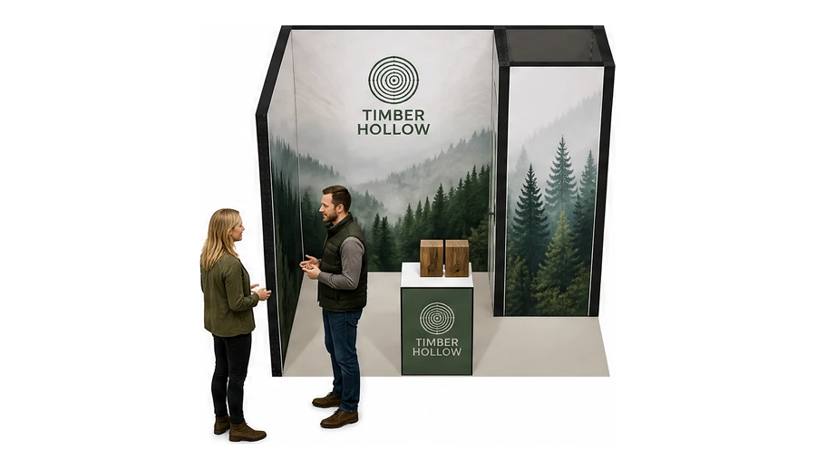 Stoisko 3 × 2 m narożne lewe dla branży leśnictwo i przemysł drzewny, przykładowa marka Timber Hollow