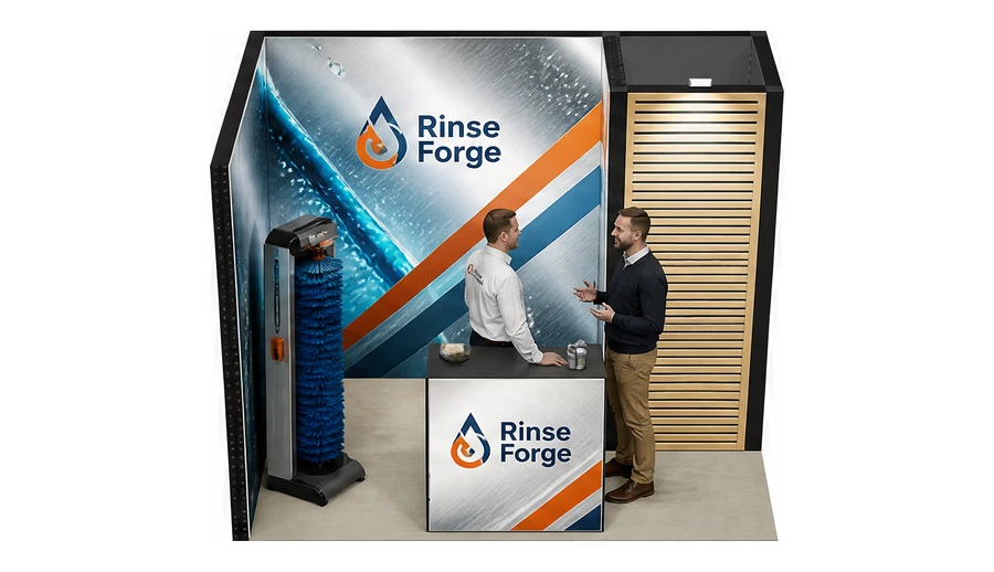 Stoisko 3 × 2 m narożne lewe dla branży myjnie i pielęgnacja aut, przykładowa marka Rinse Forge