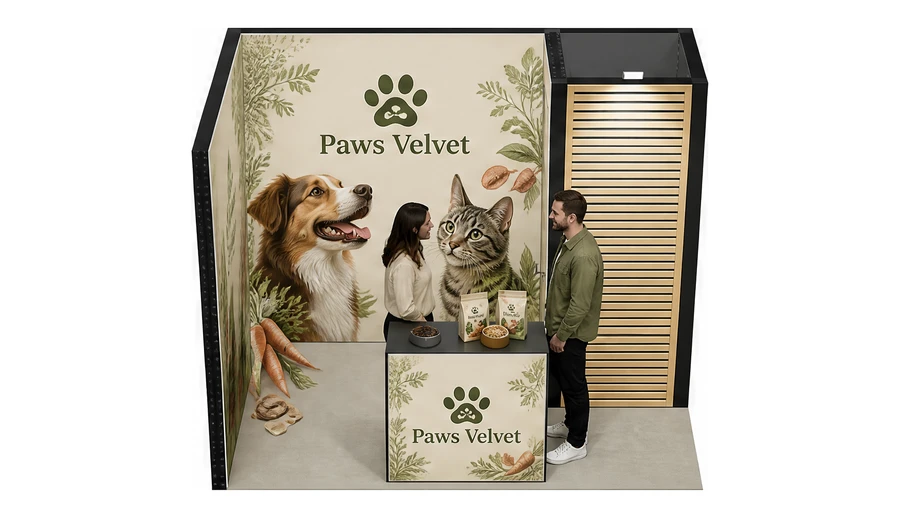 Stoisko 3 × 2 m narożne lewe dla branży karma dla zwierząt, przykładowa marka Paws Velvet