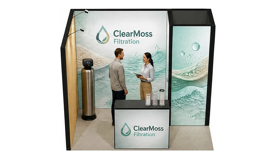 Stoisko 3 × 2 m narożne lewe dla branży technologie wodne, przykładowa marka ClearMoss Filtration