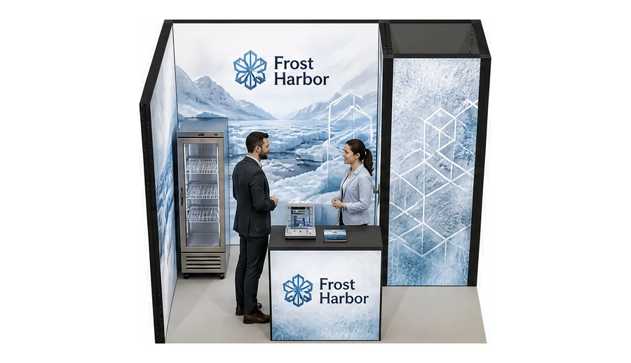 Stoisko 3 × 2 m narożne lewe dla branży łańcuch chłodniczy, przykładowa marka Frost Harbor