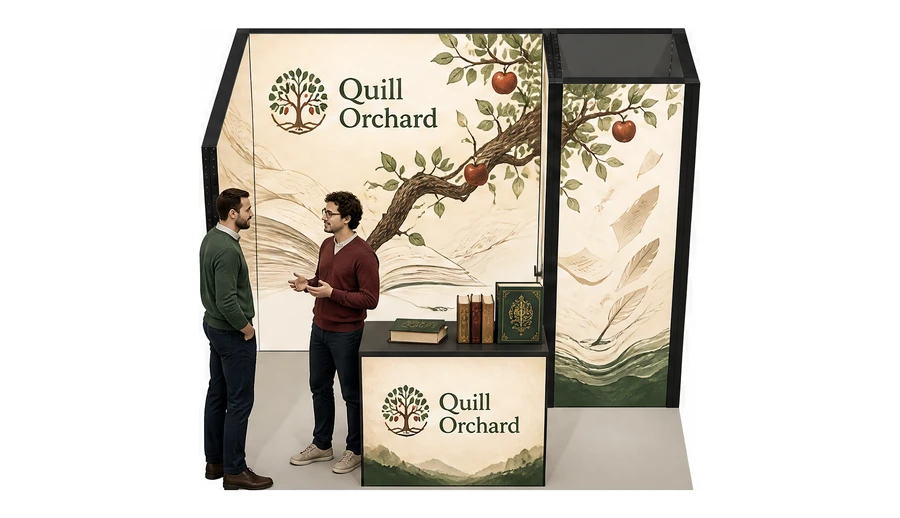 Stoisko 3 × 2 m narożne lewe dla branży wydawnictwa, przykładowa marka Quill Orchard