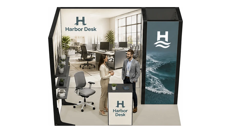 Stoisko 3 × 2 m narożne lewe dla branży meble biurowe, przykładowa marka Harbor Desk