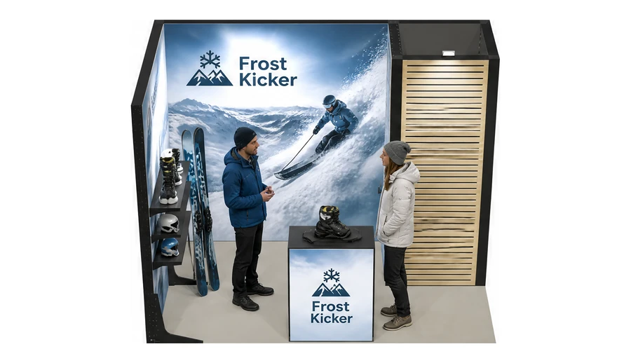 Stoisko 3 × 2 m narożne lewe dla branży narciarstwo i sporty zimowe, przykładowa marka Frost Kicker