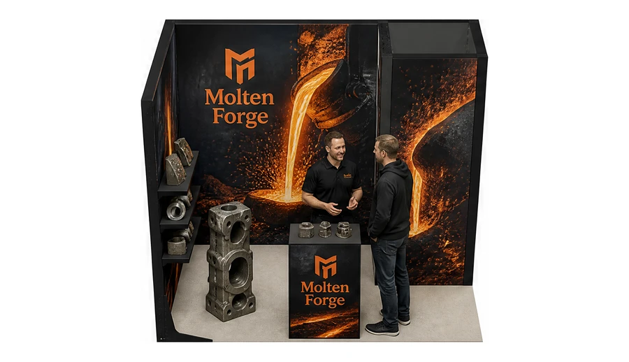 Stoisko 3 × 2 m narożne lewe dla branży obróbka metali i odlewnictwo, przykładowa marka Molten Forge
