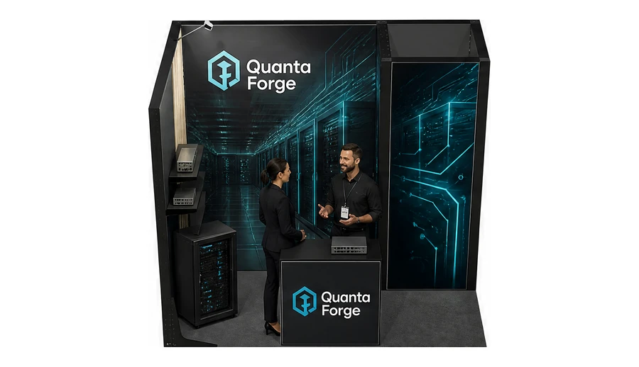 Stoisko 3 × 2 m narożne lewe dla branży infrastruktura IT i data center, przykładowa marka Quanta Forge