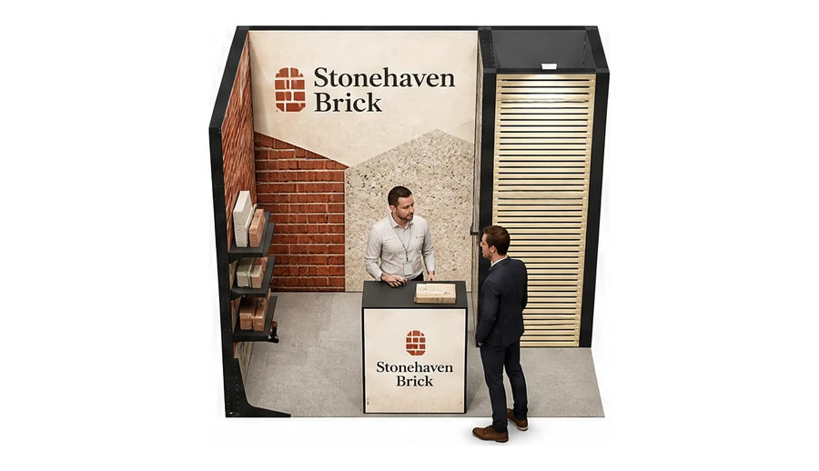 Stoisko 3 × 2 m narożne lewe dla branży materiały budowlane, przykładowa marka Stonehaven Brick