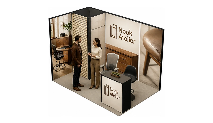 Stoisko 3 × 2 m narożne lewe dla branży meble biurowe, przykładowa marka Nook Atelier