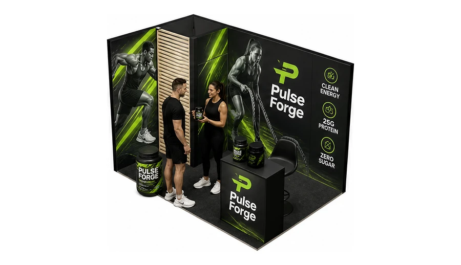 Stoisko 3 × 2 m narożne lewe dla branży suplementy diety, przykładowa marka Pulse Forge