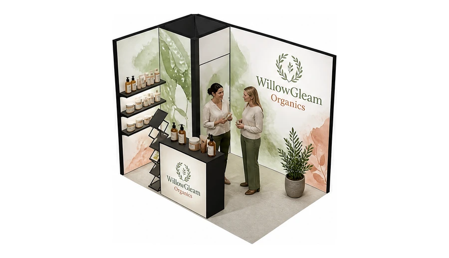 Stoisko 3 × 2 m narożne lewe dla branży kosmetyki naturalne, przykładowa marka WillowGleam Organics