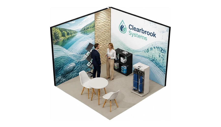 Stoisko 3 × 3 m narożne lewe dla branży technologie wodne, przykładowa marka Clearbrook Systems
