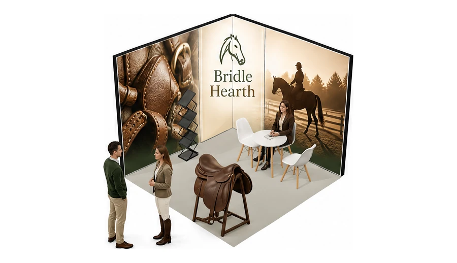 Stoisko 3 × 3 m narożne lewe dla branży jeździectwo, przykładowa marka Bridle Hearth