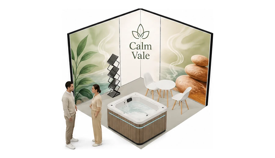 Stoisko 3 × 3 m narożne lewe dla branży spa i wellness, przykładowa marka Calm Vale