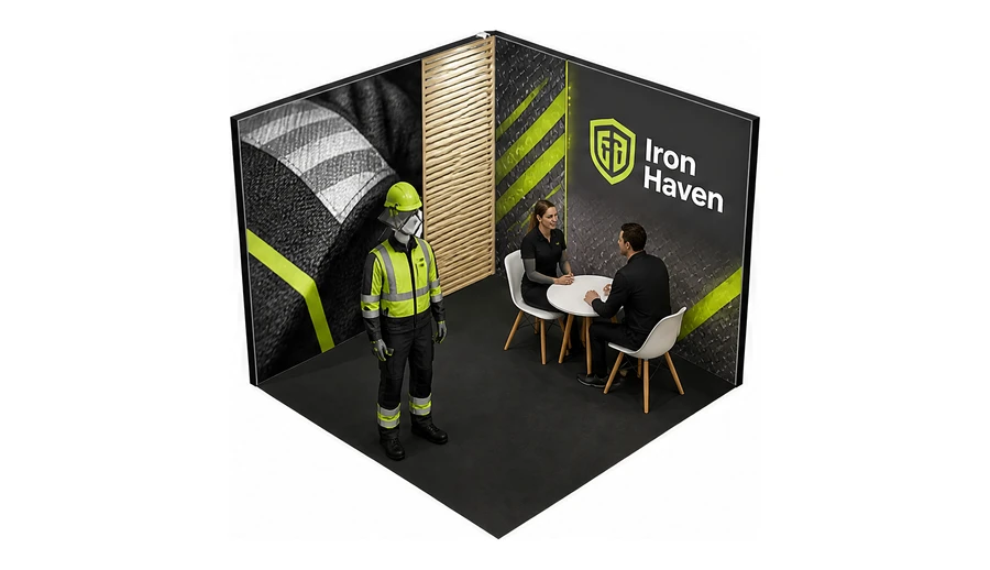 Stoisko 3 × 3 m narożne lewe dla branży BHP i odzież ochronna, przykładowa marka Iron Haven